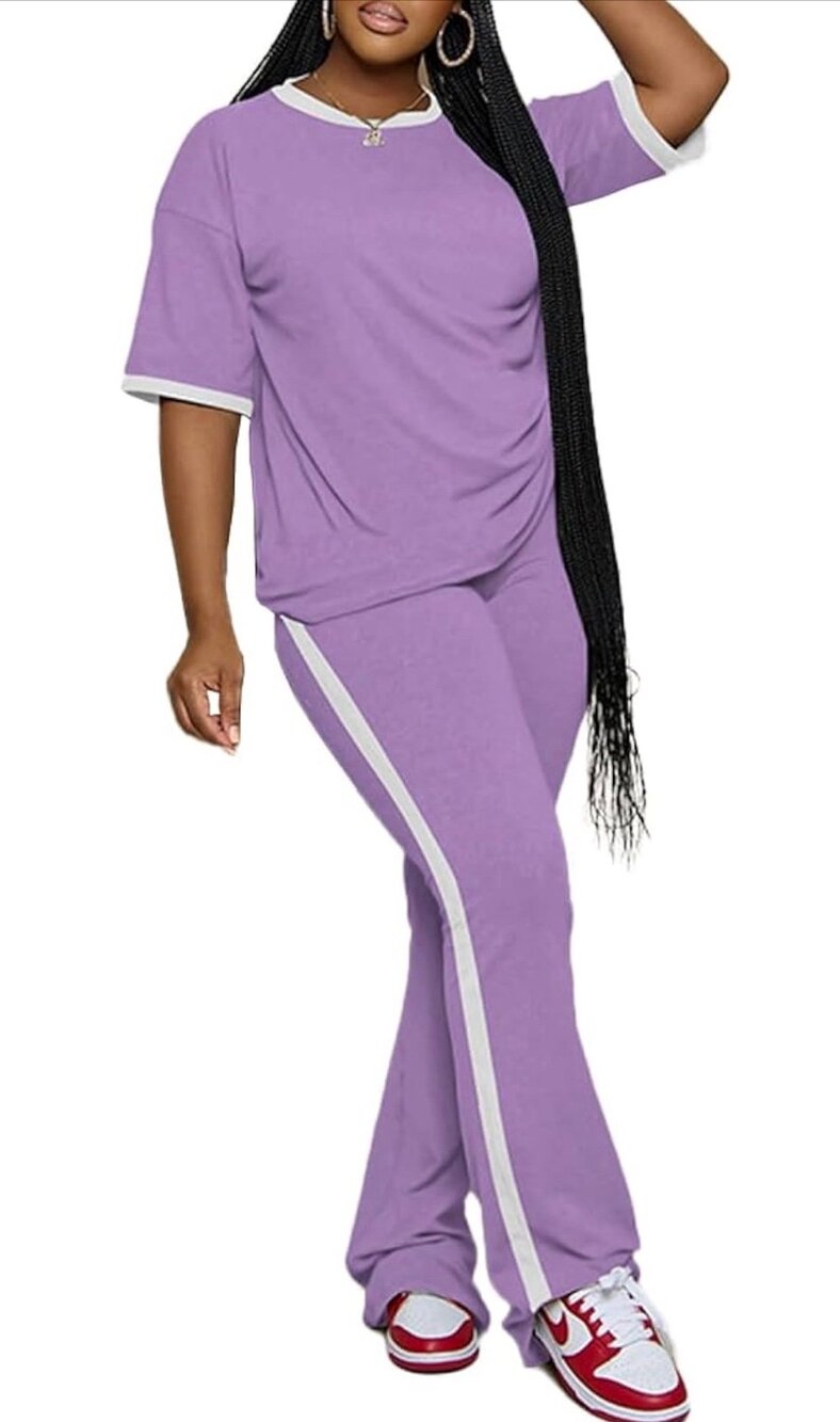 NWT PINSV Women's 2 Piece Lounge Set V Neck SS Top Wide Leg Pants Tracksuit Sz L